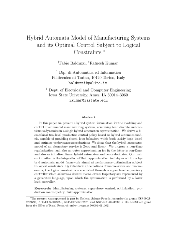 (PDF) Hybrid Automata Model of Manufacturing Systems and its Optimal ...