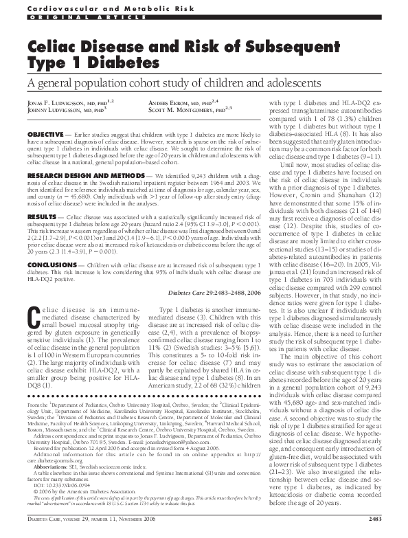 (PDF) Celiac Disease and Risk of Subsequent Type 1 Diabetes: A general ...