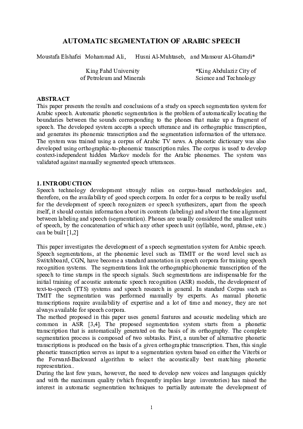 (PDF) Automatic Segmentation of Arabic Speech