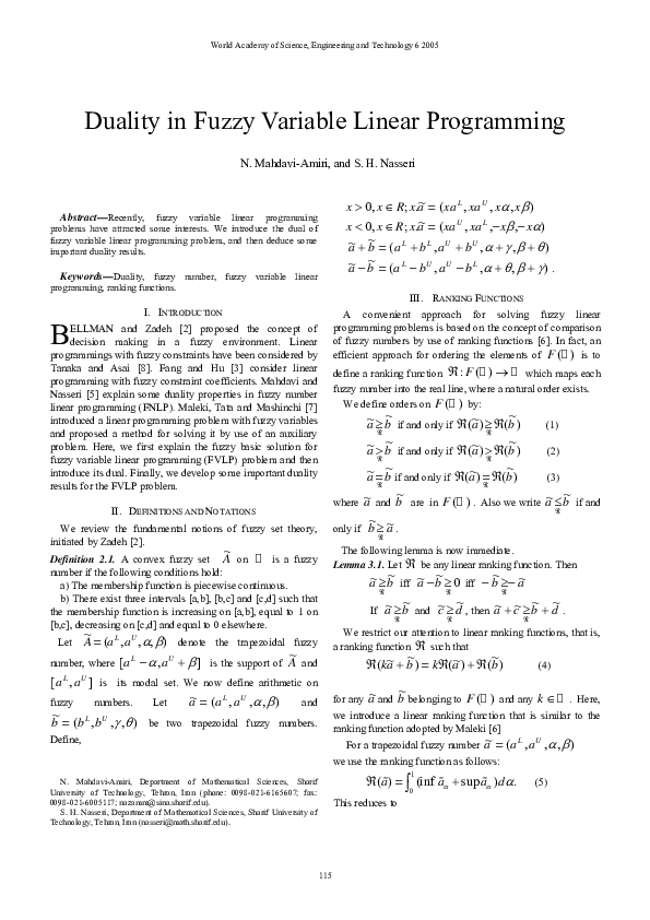 (PDF) Duality in fuzzy variable linear programming