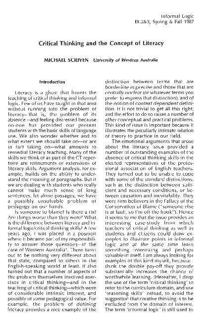 (PDF) Critical Thinking and the Concept of Literacy