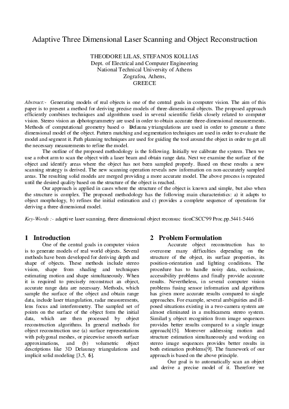 (PDF) Adaptive Three Dimensional Laser Scanning and Object Reconstruction