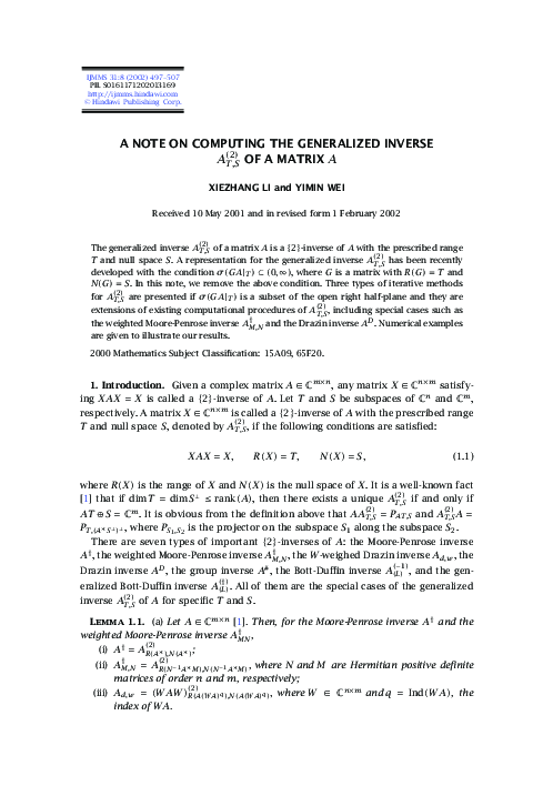 (PDF) A Note on Computing the Generalized Inverse