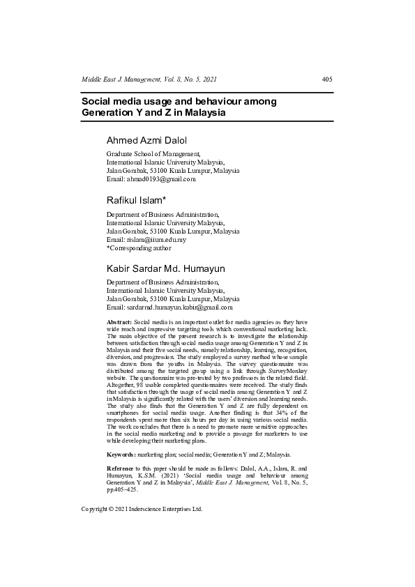(PDF) Social media usage and behaviour among Generation Y and Z in Malaysia