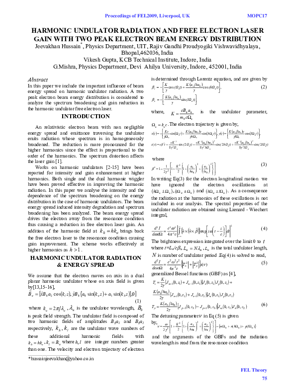 (PDF) Harmonic Undulator Radiation and Free Electron Laser Gain with ...