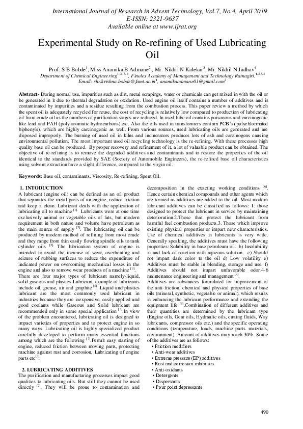 (PDF) Experimental Study on Re-refining of Used Lubricating Oil