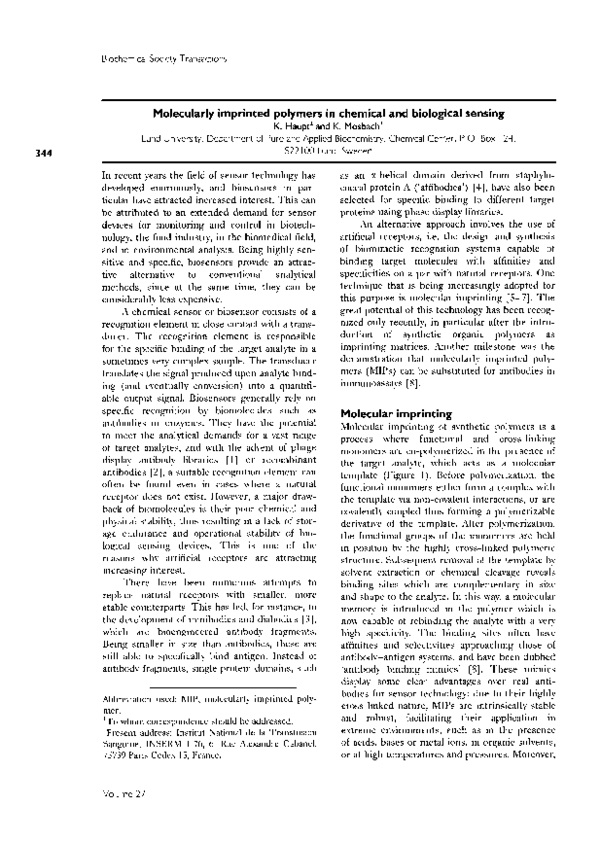 (PDF) Molecularly imprinted polymers in chemical and biological sensing