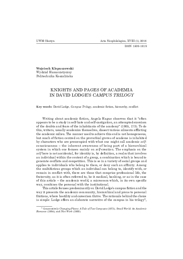 (PDF) Knights and Pages of Academia in David Lodge’s Campus Trilogy