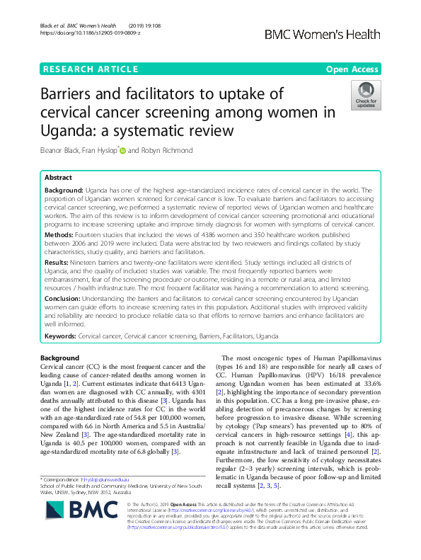 (PDF) Barriers and facilitators to uptake of cervical cancer screening ...