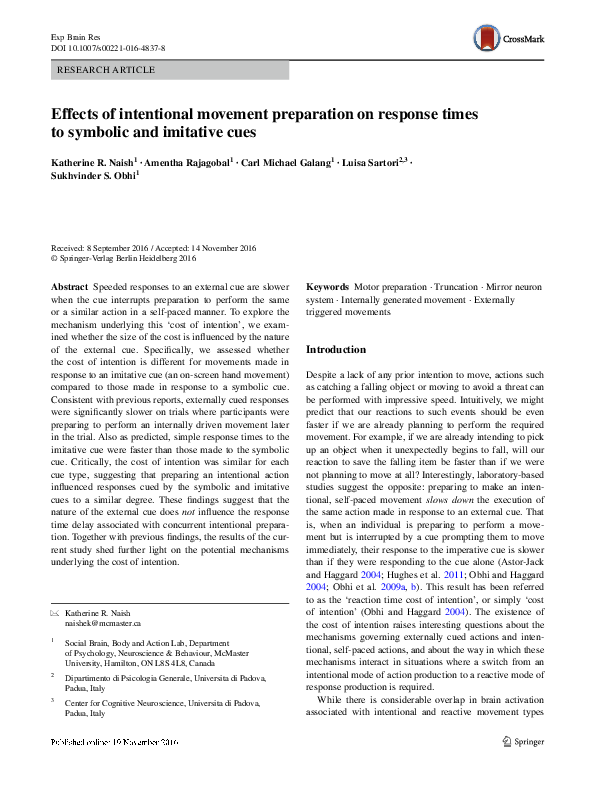 (PDF) Effects of intentional movement preparation on response times to ...