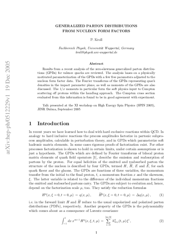 (PDF) Generalized parton distributions from nucleon form factor data ...