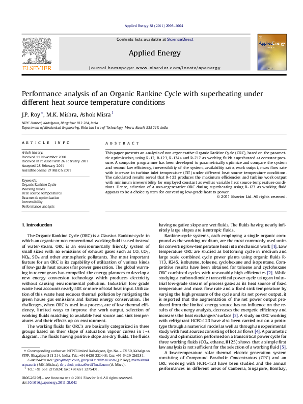 (PDF) Performance analysis of an Organic Rankine Cycle with ...