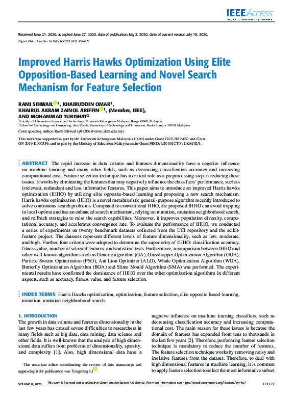 (PDF) Improved Harris Hawks Optimization Using Elite Opposition-Based ...