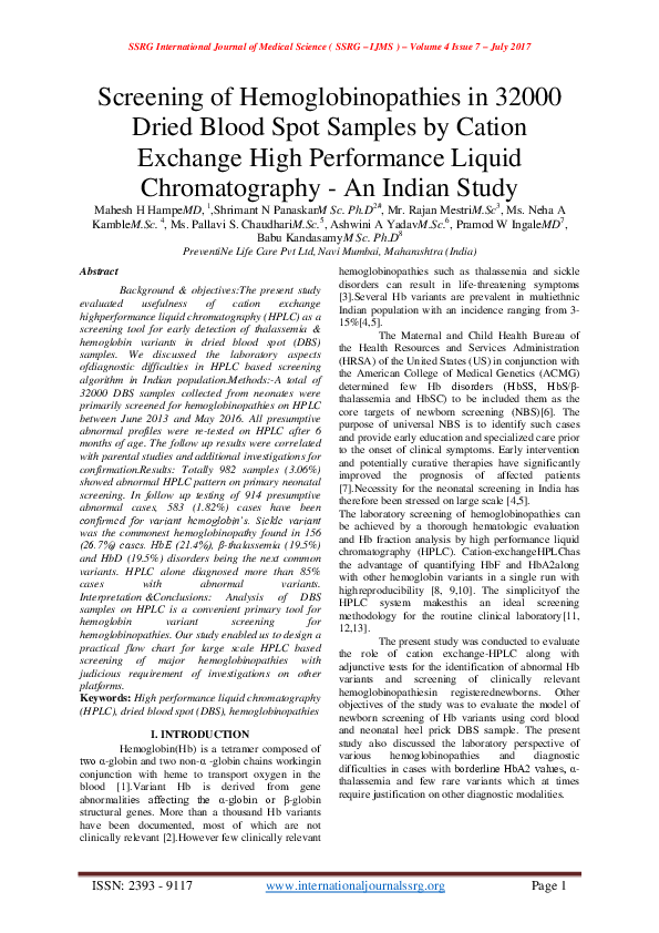 (PDF) Screening of hemoglobinopathies in 32000 dried blood spot samples