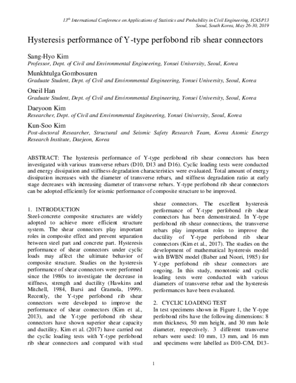 (PDF) Hysteretic performance of Y-type perfobond rib shear connectors