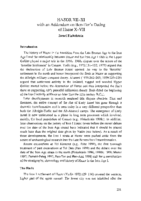 (PDF) Finkelstein, I. 2000. Hazor XII-XI with an Addendum on Ben-Tor’s ...