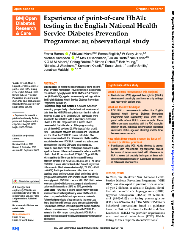 (PDF) Experience of point-of-care HbA1c testing in the English National ...