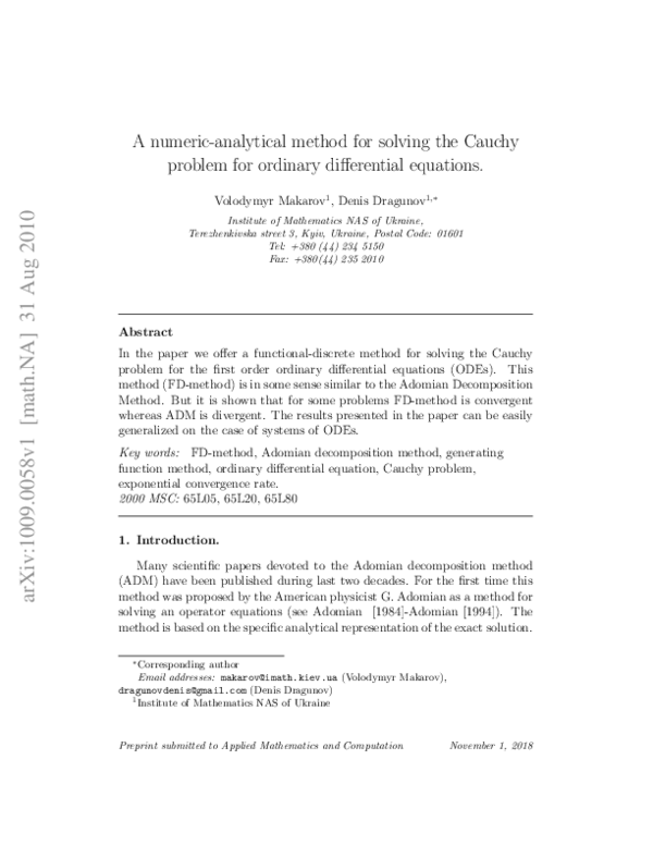 (PDF) A numeric-analytical method for solving the Cauchy problem for ...