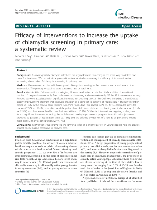 (PDF) Efficacy of interventions to increase the uptake of chlamydia ...