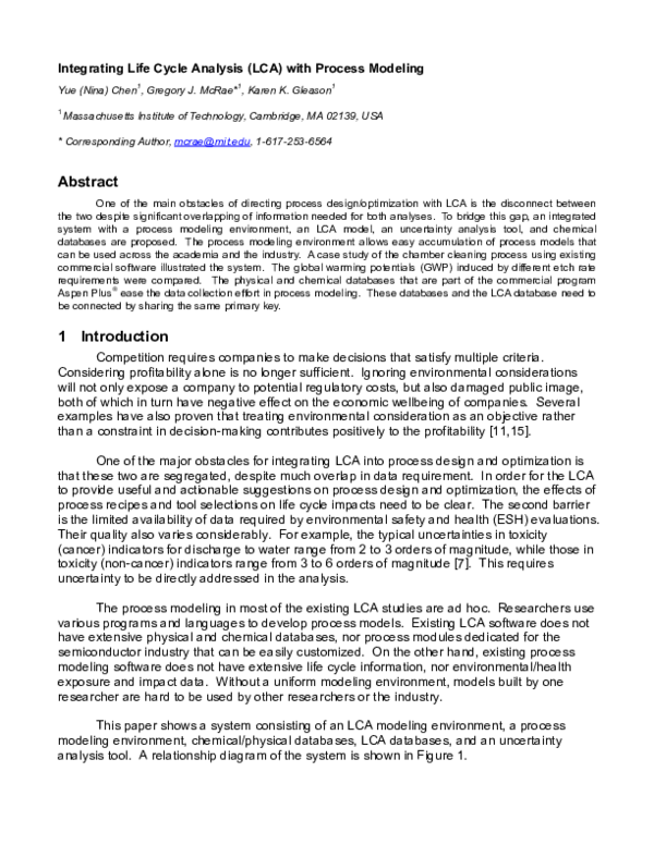 (PDF) Integrating Life Cycle Analysis ( LCA ) with Process Modeling