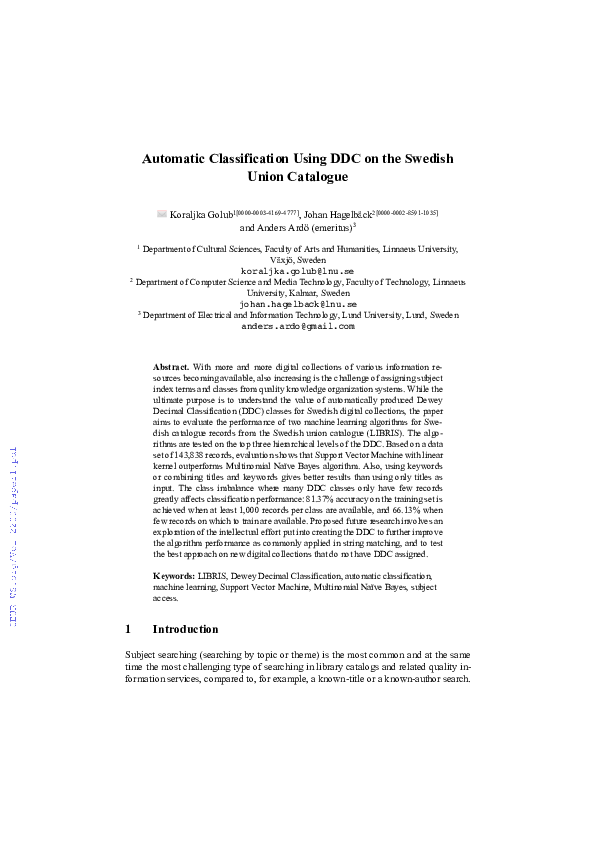 (PDF) Automatic Classification Using DDC on the Swedish Union Catalogue