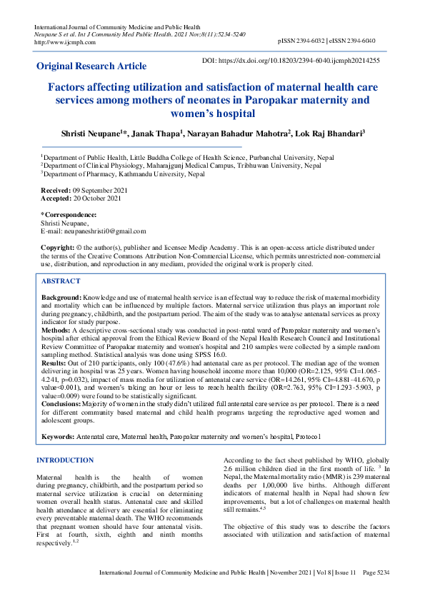 (PDF) Factors affecting utilization and satisfaction of maternal health ...