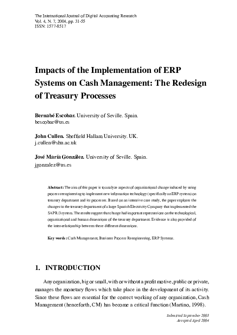 (PDF) Impacts of the implementation of ERP systems on cash management ...