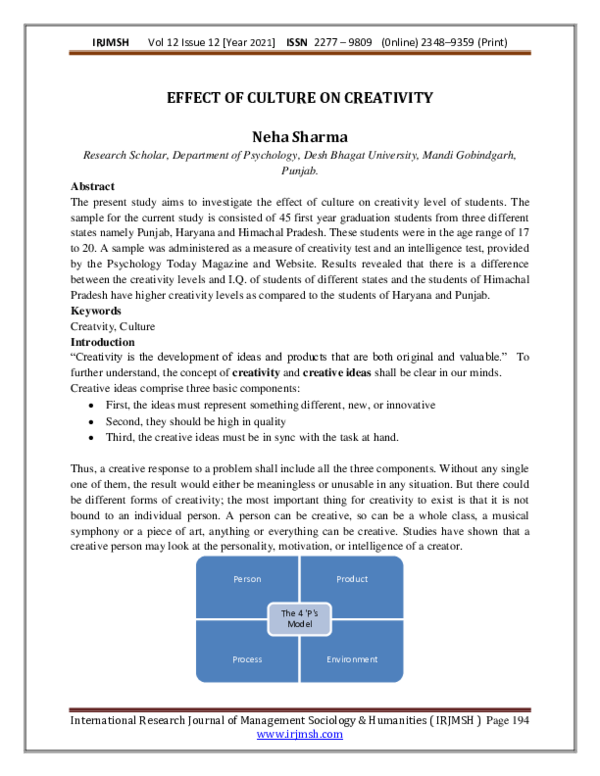 (PDF) EFFECT OF CULTURE ON CREATIVITY