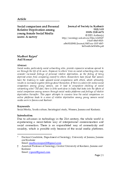 (PDF) Social comparison and Personal Relative Deprivation among young ...