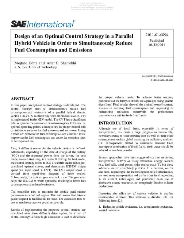 (PDF) Design of an Optimal Control Strategy in a Parallel Hybrid ...