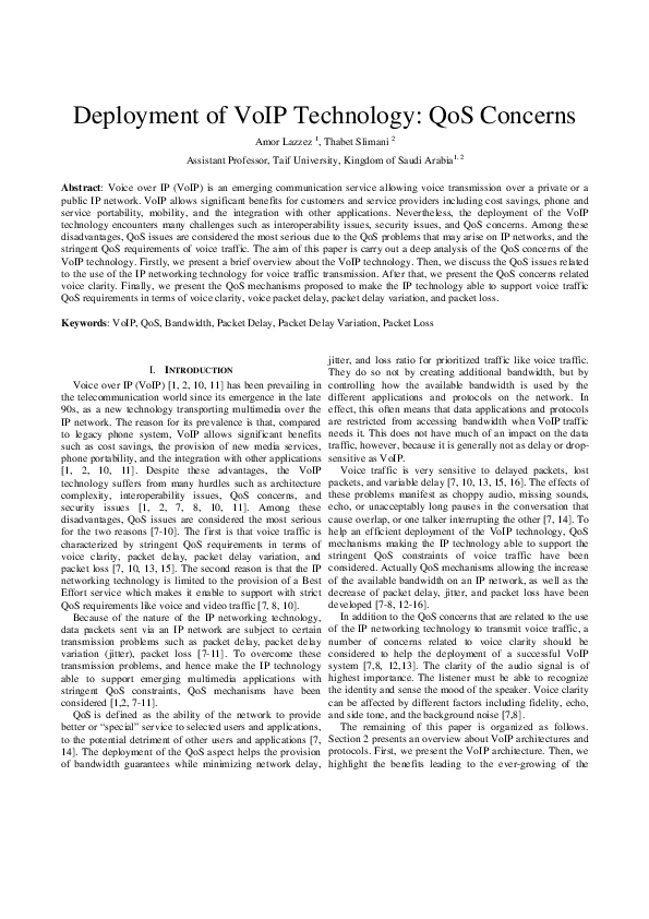 (PDF) Deployment of VoIP Technology: QoS Concerns