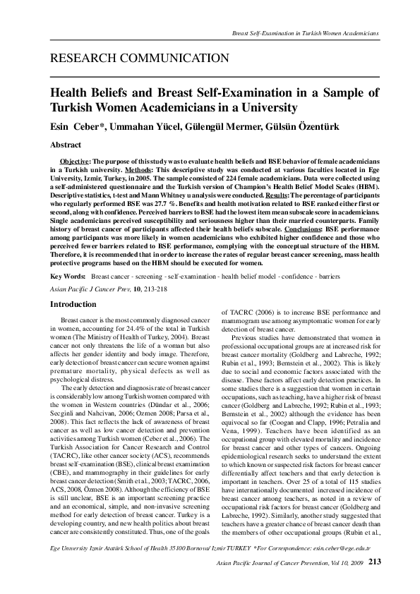 (PDF) Health beliefs and breast self-examination in a sample of Turkish ...