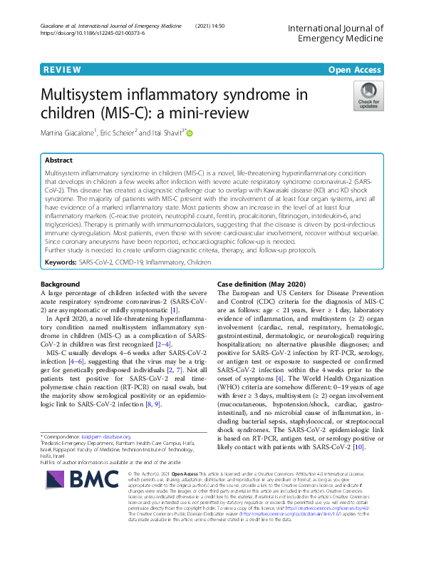 (PDF) Multisystem inflammatory syndrome in children (MIS-C): a mini-review