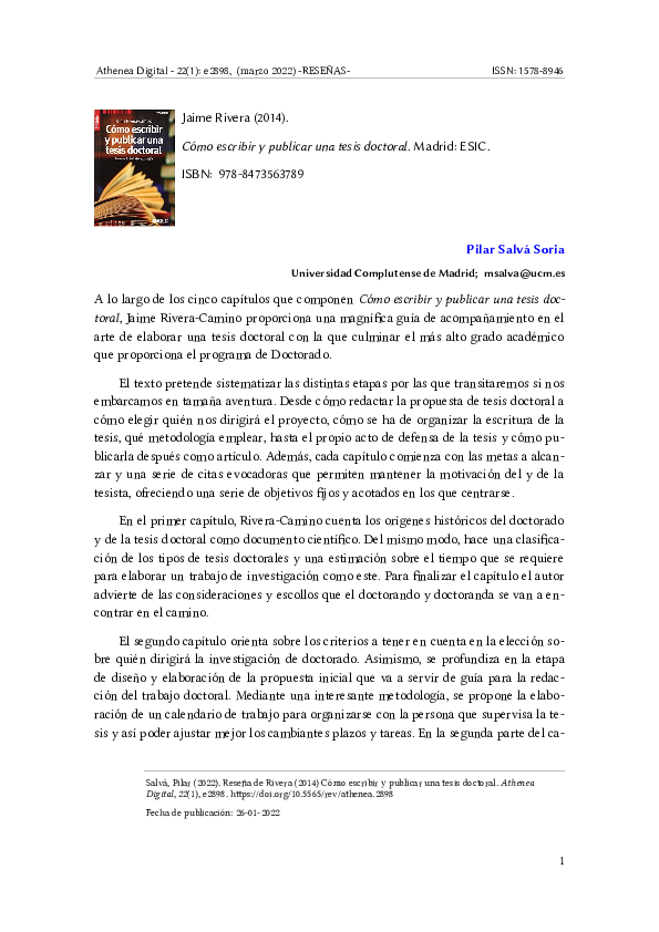(PDF) Reseña.Cómo escribir y publicar una tesis doctoral. Jaime Rivera ...