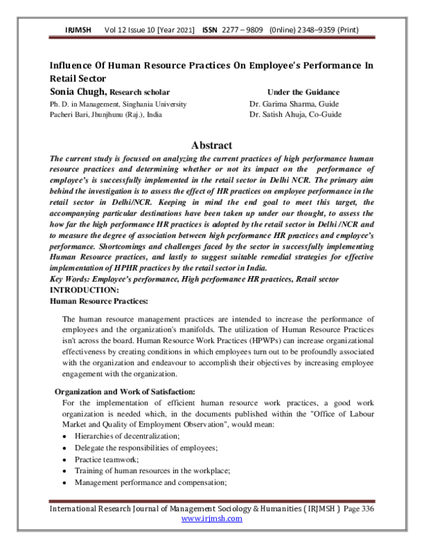 (PDF) Influence Of Human Resource Practices On Employee's Performance ...