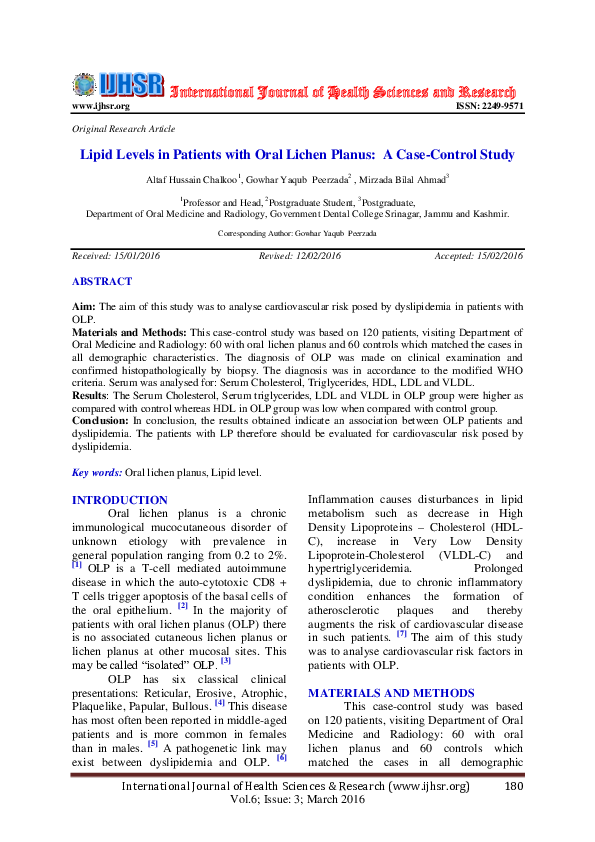 (PDF) Lipid Levels in Patients with Oral Lichen Planus: A Case-Control ...