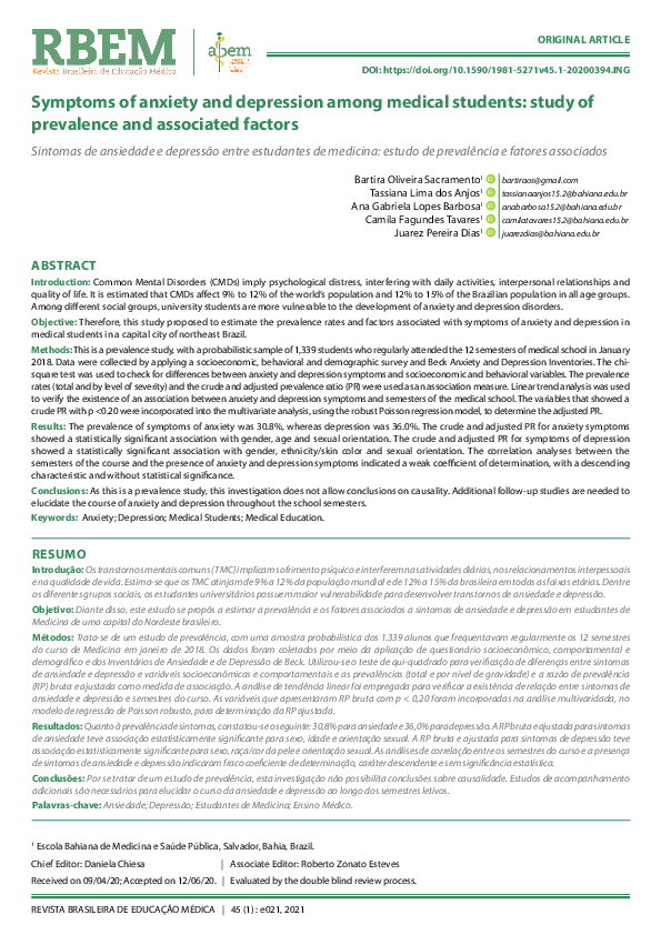 (PDF) Symptoms of anxiety and depression among medical students: study ...