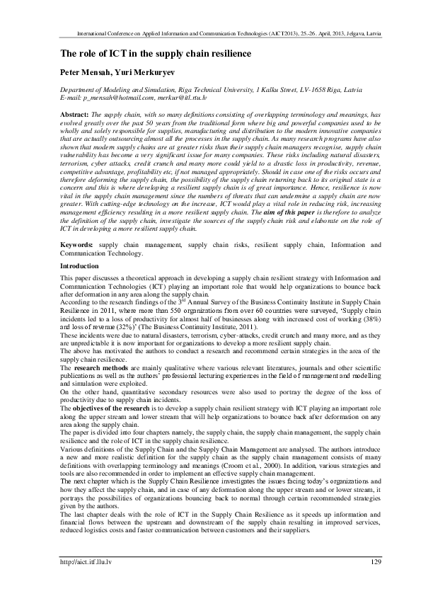 (PDF) The role of ICT in the supply chain resilience