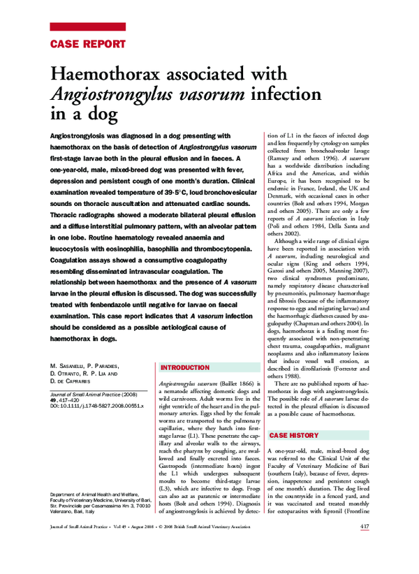(PDF) Haemothorax associated with Angiostrongylus vasorum infection in ...