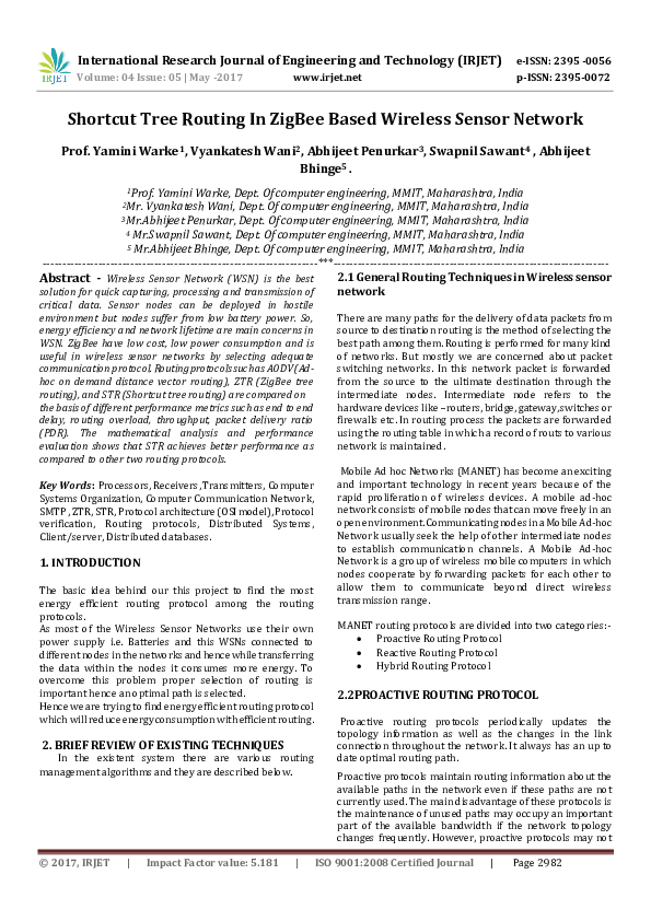 (PDF) Shortcut Tree Routing In ZigBee Based Wireless Sensor Network