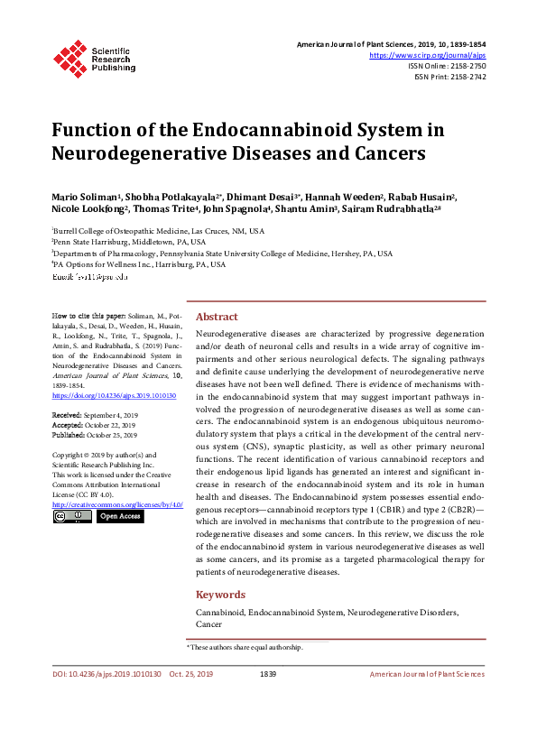 (PDF) Function of the Endocannabinoid System in Neurodegenerative ...