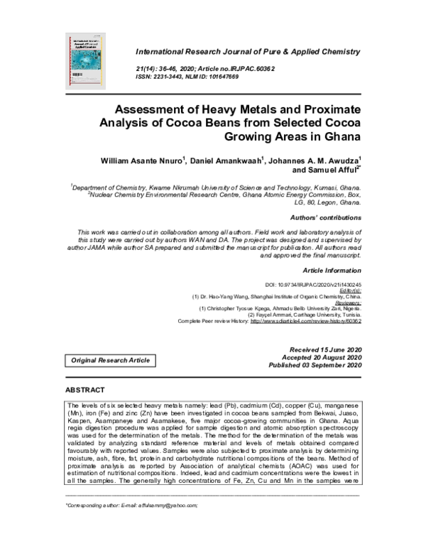 (PDF) Assessment of Heavy Metals and Proximate Analysis of Cocoa Beans