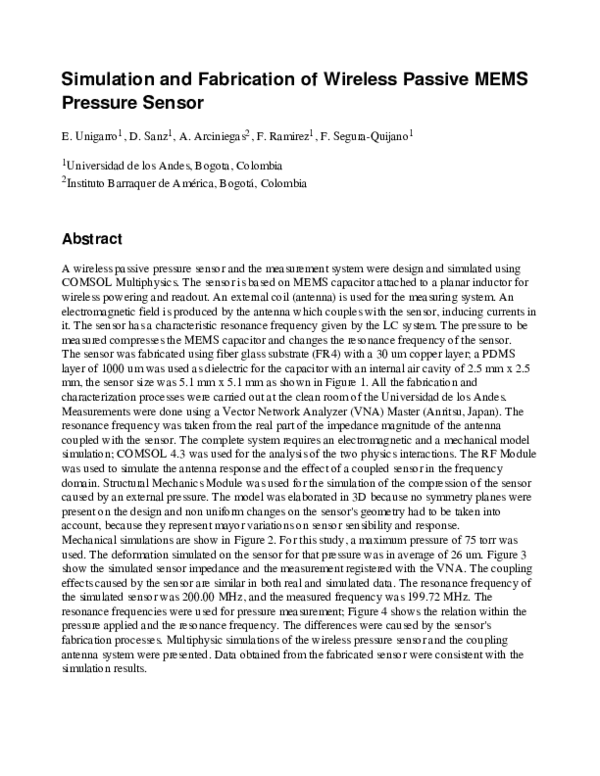 (PDF) Simulation and Fabrication of Wireless Passive MEMS Pressure Sensor