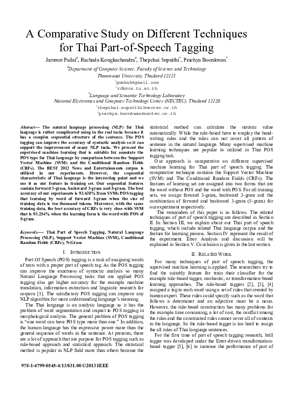 (PDF) A comparative study on different techniques for Thai part-of ...