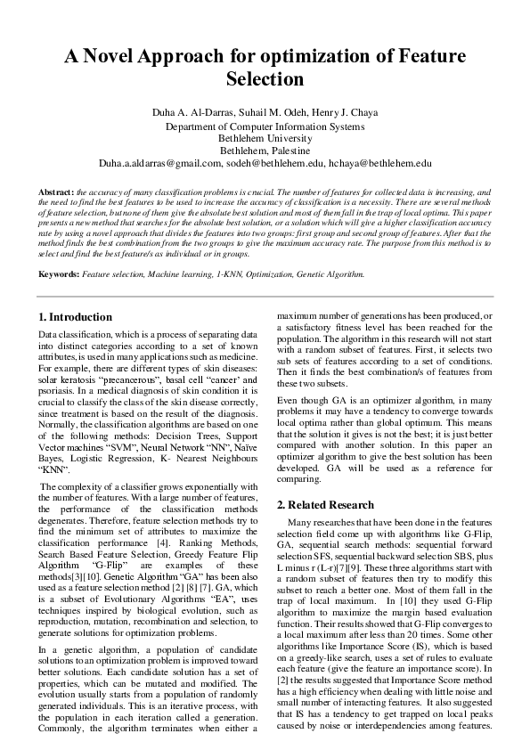(PDF) A Novel Approach for optimization of Feature Selection