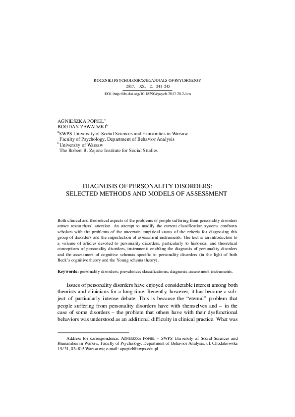 (PDF) Diagnosis of personality disorders: Selected methods and models ...