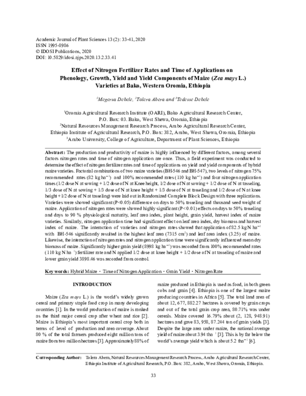 (PDF) Effect of Nitrogen Fertilizer Rates and Time of Applications on ...