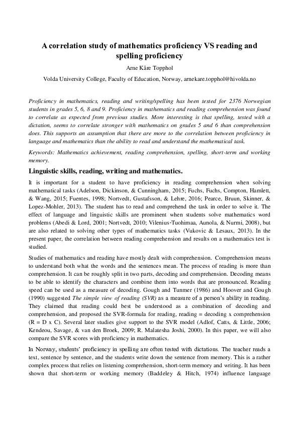 (PDF) A correlation study of mathematics proficiency VS reading and ...