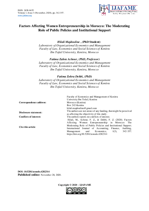 (PDF) Factors Affecting Women Entrepreneurship in Morocco: The ...
