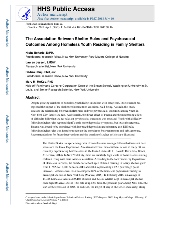 (PDF) The Association Between Shelter Rules and Psychosocial Among Homeless Youth